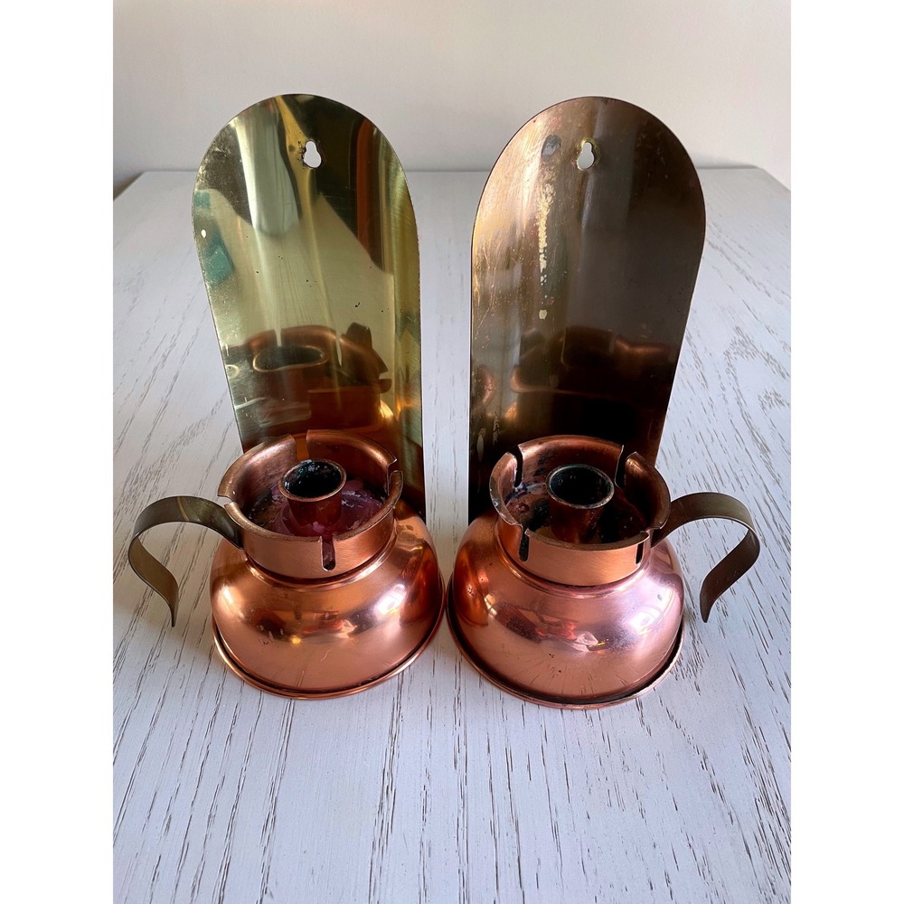 Vintage 70s Coppercraft Guild Copper & Brass Scalloped Wall Sconce Pair - MCM-9"